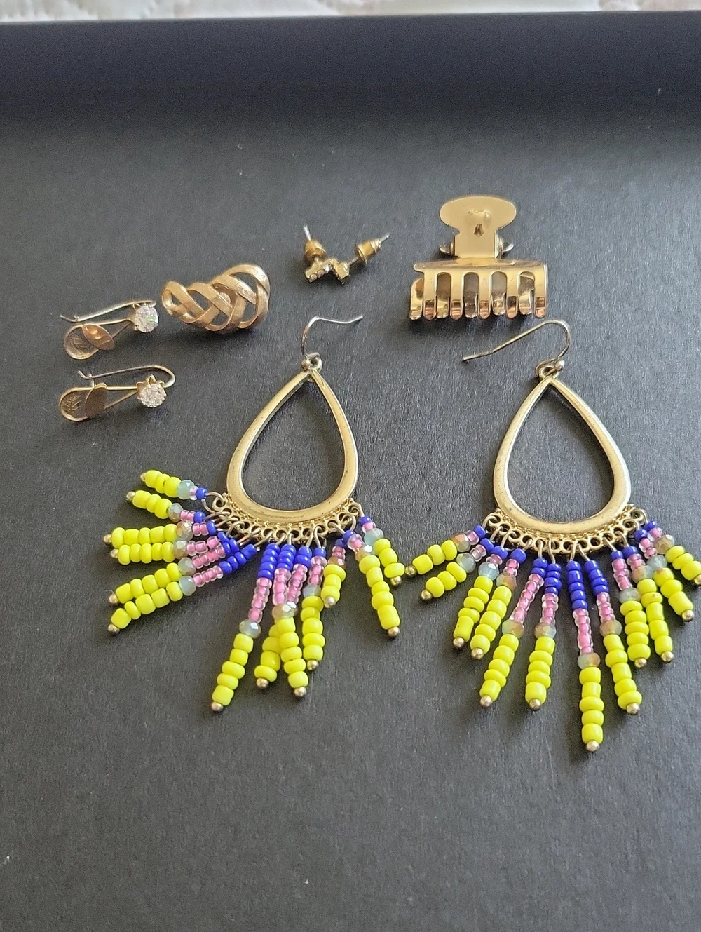 Vintage Gold-Tone Teardrop Earrings with Yellow, Blue & Pink Beads
